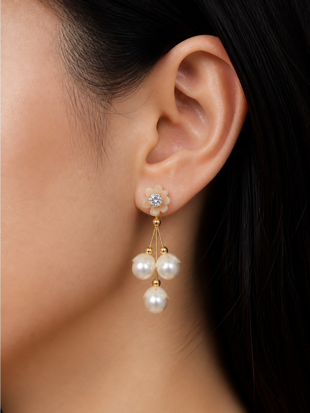 Pearl Drop Floral Dangle Earrings - Cream/Gold